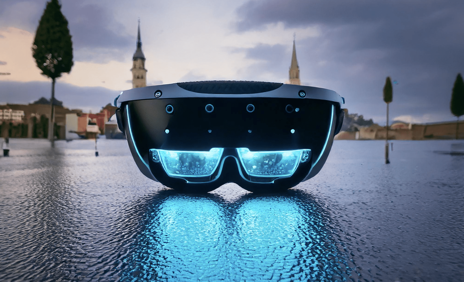 HoloLens-Brille vor der Stadtsilhouette Saarlouis